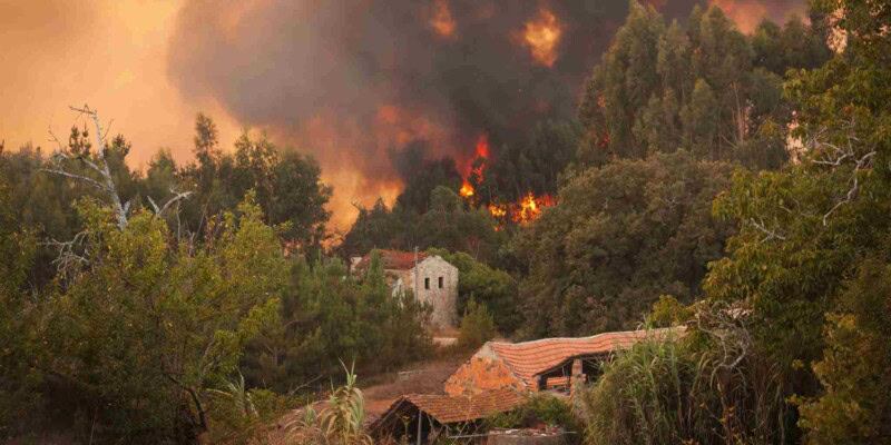wildfires near a house in Portugal, indicating the importance of buying travel insurance for Portugal