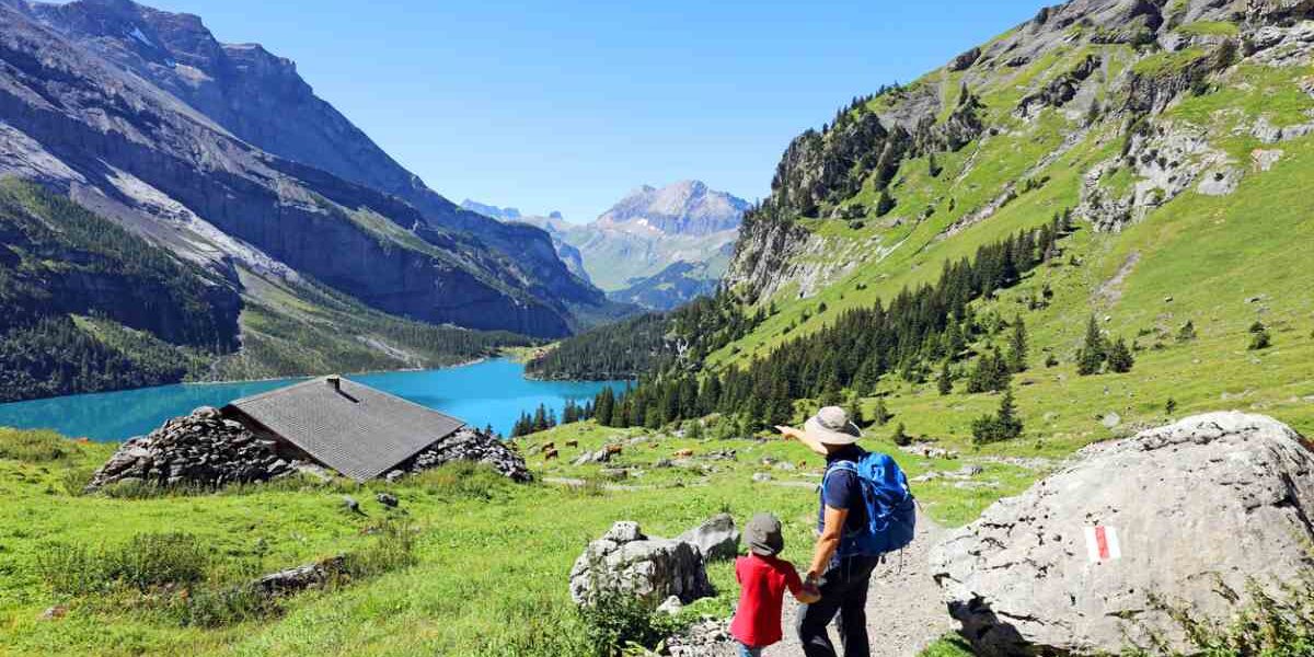 family-swiss-alps a father and son hiking in the Swiss Alps in Switzerland, one of the best countries to live in